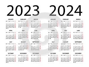 Calendar 2023, 2024 year - vector illustration. Week starts on Monday. Calendar Set for 2023, 2024 years