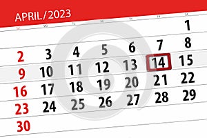 Calendar 2023, deadline, day, month, page, organizer, date, april, friday, number 14