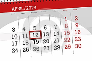 Calendar 2023, deadline, day, month, page, organizer, date, april, wednesday, number 12