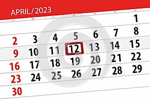 Calendar 2023, deadline, day, month, page, organizer, date, april, wednesday, number 12