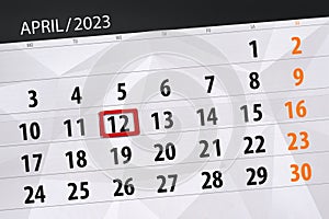 Calendar 2023, deadline, day, month, page, organizer, date, april, wednesday, number 12