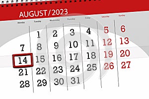 Calendar 2023, deadline, day, month, page, organizer, date, August, monday, number 14