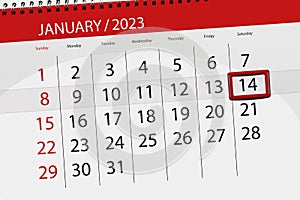 Calendar 2023, deadline, day, month, page, organizer, date, january, saturday, number 14