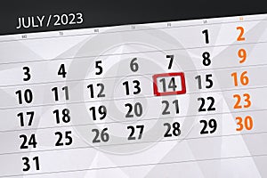 Calendar 2023, deadline, day, month, page, organizer, date, July, friday, number 14