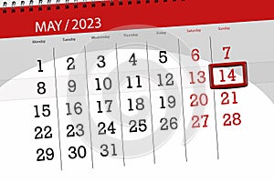 Calendar 2023, deadline, day, month, page, organizer, date, May, sunday, number 14