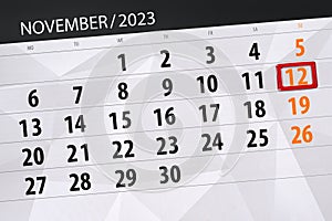 Calendar 2023, deadline, day, month, page, organizer, date, November, sunday, number 12