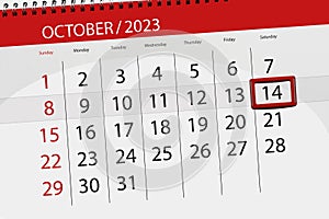 Calendar 2023, deadline, day, month, page, organizer, date, October, saturday, number 14