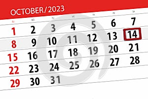 Calendar 2023, deadline, day, month, page, organizer, date, October, saturday, number 14