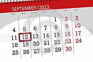 Calendar 2023, deadline, day, month, page, organizer, date, September, tuesday, number 12