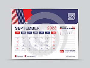 Calendar 2023 design, September 2023 template, desk calendar 2023 year, Usa flag background concept, wall calendar design