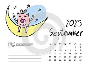 Calendar 2023 design template with Cute Pig vector illustration, September 2023 artwork, Lettering, Desk calendar 2023 layout