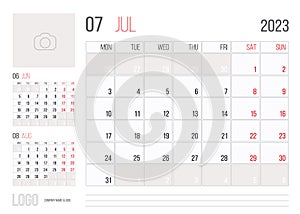 Calendar 2023 planner corporate template design month july