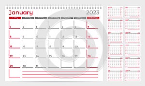 Calendar 2023 planner template. Week starts on Sunday. Set of 12 months