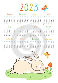 Calendar 2023 with rabbit planner 12 month organizer bunny cartoon poster character mascot new year
