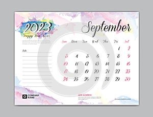 Calendar 2023 template on colorful watercolor background, September month design, Desk Calendar 2023 template, calendar design
