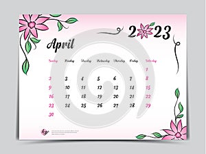 Calendar 2023 template on pink flowers background, April 2023 template, Monthly calendar planner artwork, Desk calendar 2023
