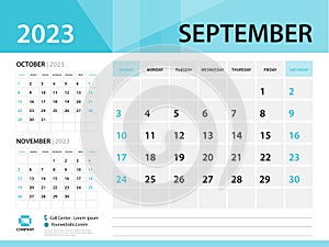 Calendar 2023 template, September 2023 year, Desk Calendar 2023 template, Week Start On Sunday, Wall calendar design, Planner