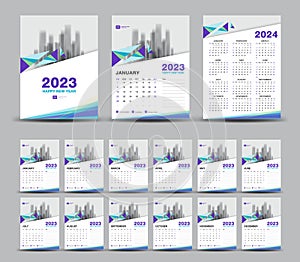 Calendar 2023 template set and 2024 year minimal background, wall calendar 2023, Desk calendar 2023 set, cover design, Set of 12