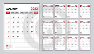 Calendar 2023 week start sunday, desk calendar 2023  design vector, Set of 12 calendar, wall calendar 2023 design, Poster, planner