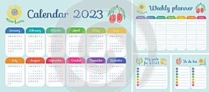 Calendar 2023 and weekly planner. To do list and My goals. Monday, Tuesday, Wednesday, Thursday, Friday, Saterday and