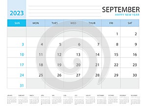 Calendar 2023 year template, September layout design, Planner simple, Desk calendar 2023 design, Week Starts on Sunday, poster