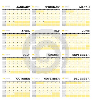 Calendar for 2023 in yellow and gray colors