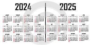 Calendar 2024-2025. The week begins on Sunday. Simple calendar template. Portrait of vertical orientation. Annual organizer of