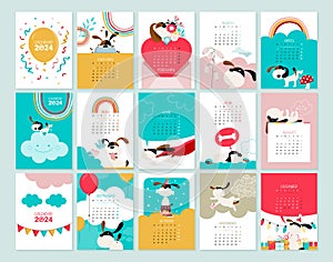 Calendar 2024 A4 with dog, cute full vector illustrations