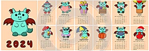 Calendar for 2024 with Cute Cartoon Character Dradon