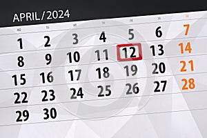Calendar 2024, deadline, day, month, page, organizer, date, April, friday, number 12
