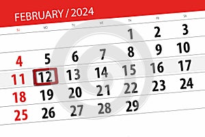 Calendar 2024, deadline, day, month, page, organizer, date, February, monday, number 12