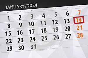 Calendar 2024, deadline, day, month, page, organizer, date, January, sunday, number 14