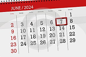 Calendar 2024, deadline, day, month, page, organizer, date, June, friday, number 7