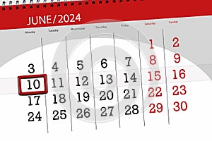 Calendar 2024, deadline, day, month, page, organizer, date, June, monday, number 10