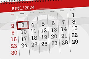 Calendar 2024, deadline, day, month, page, organizer, date, June, monday, number 3