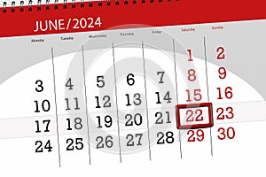 Calendar 2024, deadline, day, month, page, organizer, date, June, saturday, number 22