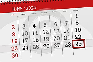 Calendar 2024, deadline, day, month, page, organizer, date, June, saturday, number 29