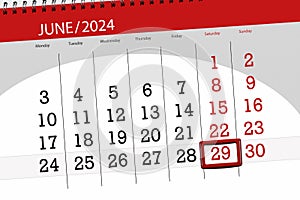 Calendar 2024, deadline, day, month, page, organizer, date, June, saturday, number 29