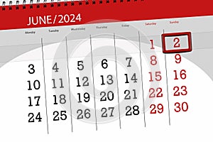 Calendar 2024, deadline, day, month, page, organizer, date, June, sunday, number 2