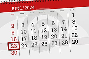 Calendar 2024, deadline, day, month, page, organizer, date, June, sunday, number 23