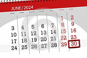 Calendar 2024, deadline, day, month, page, organizer, date, June, sunday, number 30