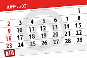 Calendar 2024, deadline, day, month, page, organizer, date, June, sunday, number 30
