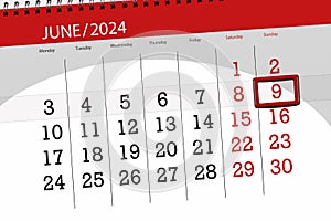 Calendar 2024, deadline, day, month, page, organizer, date, June, sunday, number 9