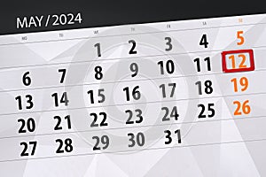 Calendar 2024, deadline, day, month, page, organizer, date, May, sunday, number 12