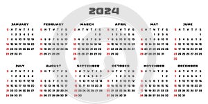 Calendar 2024. Design for plan note, agenda, office annual schedule, business, daily