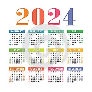 Calendar 2024. English colorful vector square wall or pocket calender template. Design. New year. Week starts on Sunday