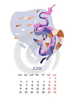 Calendar 2024 for June with Chinese dragon. New Year symbol swims in mask underwater with fish