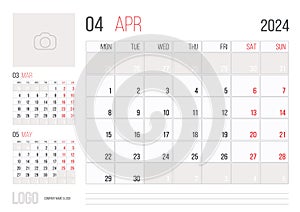 Calendar 2024 planner corporate template design April month