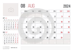 Calendar 2024 planner corporate template design - August month