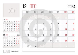 Calendar 2024 planner corporate template design - December month
